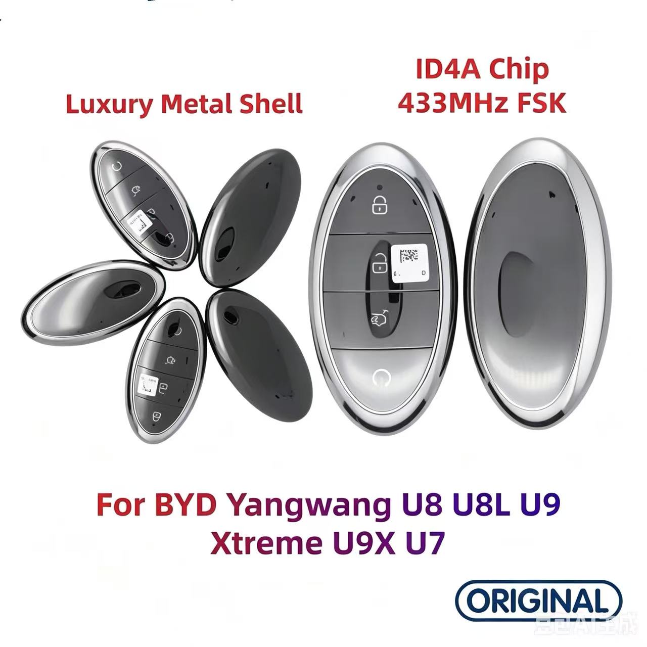 Original Smart Remote Key Keyless Go ID4A Chip 433MHz with Metal Shell for BYD Yangwang U8 U8L U9 Xtreme U9X U7