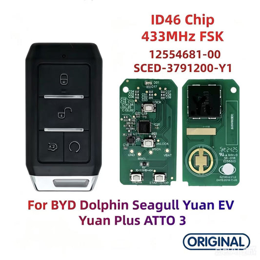 Original Remote Key ID46 Chip 433 MHz SCED-3791200-Y1 12554681-00 for BYD Dolphin Seagull Yuan EV Plus ATTO 3