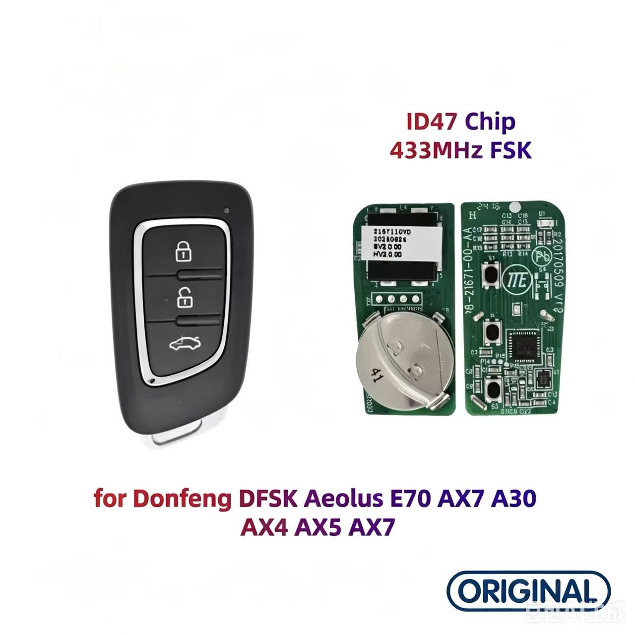 Original Smart Remote Key ID46 ID47 Chip 433MHz for Dongfeng DFSK Aeolus E70 AX7 A30 AX4 AX5 AX7
