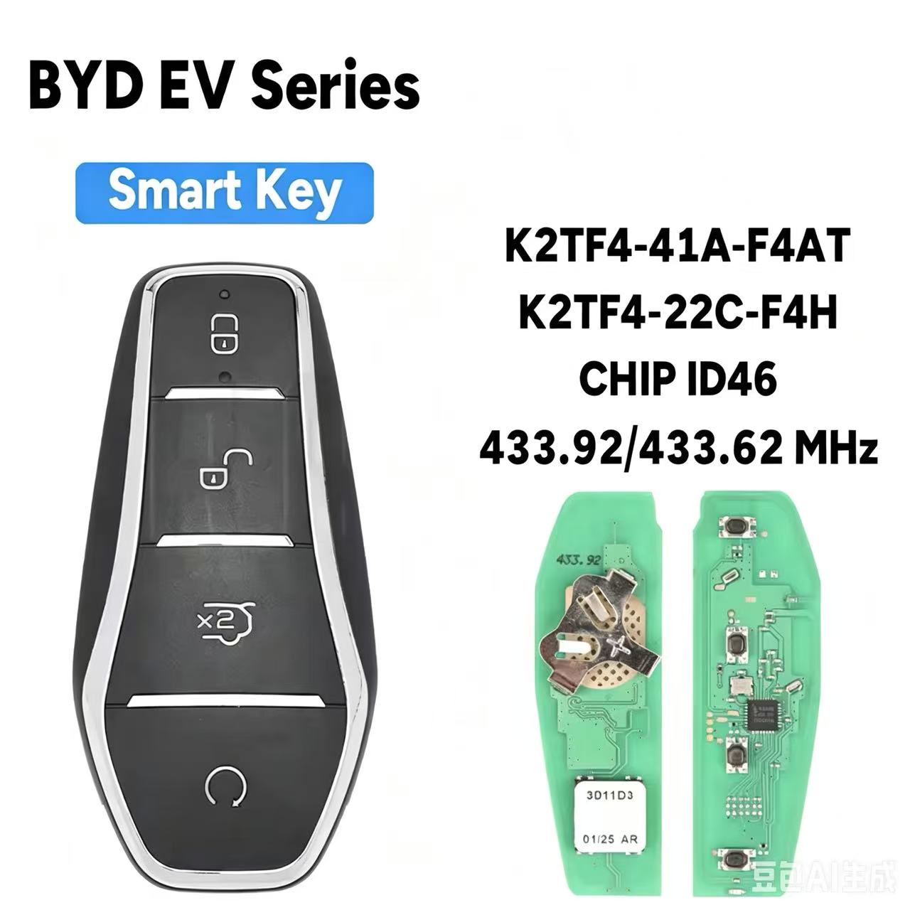 aftermarket K2TF4-41A-F4AT 433.92MHz CHIP ID46 Smart Car Key For BYD Qin PLUS DM-i / EV Yuan PLUS SONG K2TF4-22C-F4H 433.62MHz